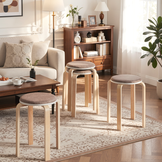 Sunvega Set of 4 Solid Birch Wood Stackable Round Backless Stools for Dining Room