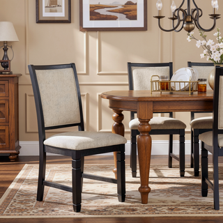 Sunvega Black Finish Wooden Side Chairs with Beige Textured Fabric Upholstery