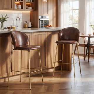 Sunvega Dark Brown Faux Leather Upholstered Bar Stool with Gilded Metal Frame Set of 2