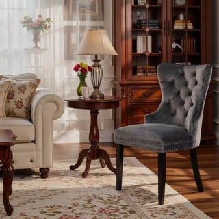 Sunvega Dark Gray Velvet Upholstered Dining Chairs with Tufted Back and Wood Legs