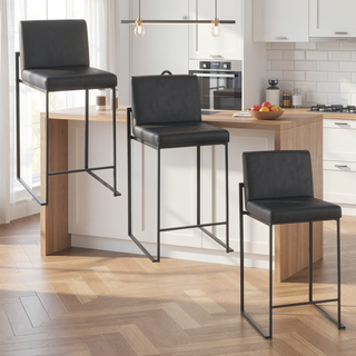 Sunvega Fuji High Back Counter Stool Set of 3 in Black Steel and Faux Leather