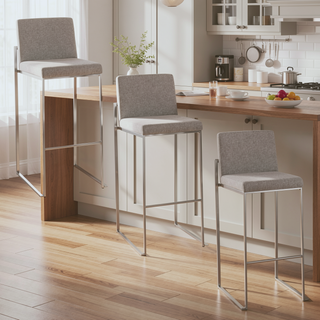 Sunvega Contemporary High Back Barstool Set of 3 with Grey Fabric and Stainless Steel Frame