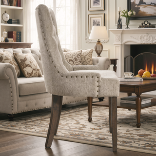 Sunvega Beige and Weathered Oak Tufted Back Parson Chairs with Sturdy Wood Legs