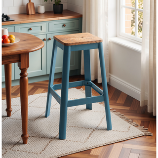 Sunvega Teal Finish Casual Look Bar Stool with Square Wooden Seat and Metal Frame