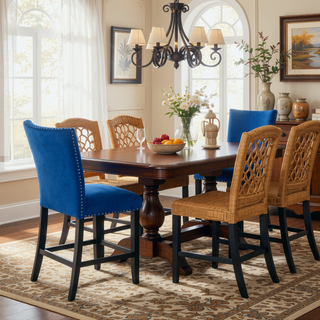 Sunvega Blue Velvet Upholstered Counter Height Chair Set with Chrome Nailhead Trim