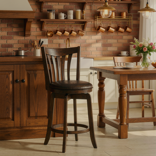 Sunvega Dark Cherry Wood Pub Height Swivel Bar Chair with Faux Leather Seat