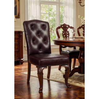 Sunvega Traditional Brown Cherry Solid Wood Tufted Leatherette Side Chairs Set of 2