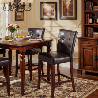 Sunvega Espresso Faux Leather and Walnut Finish Counter Height Stools with Tufted Backrest