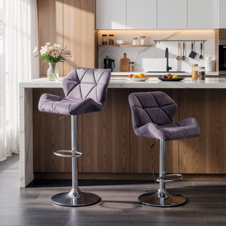 Sunvega Velvet Diamond Tufted Swivel Adjustable Height Barstool Set of 2 Gray