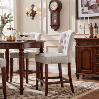 Sunvega Button Tufted Counter Stool with Espresso Wood Finish and Bronze Kick Plate
