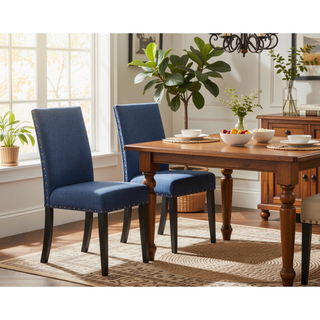 Sunvega Gray Linen and Cotton Fabric Dining Chairs with Nailhead Trim, Set of 2
