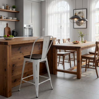 Sunvega Industrial High Back Counter Stools with Steel Frame and Bamboo Seat