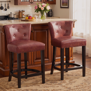 Sunvega Brown Wooden Bar Stools with Cow Top Leather Upholstered Seat and Backs