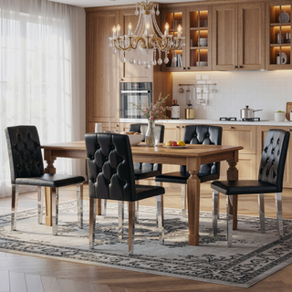 Sunvega 4-Pack Black PU Dining Chairs with Ergonomic Buckle Backrest and Silver Legs