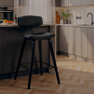 Sunvega 28.5 Inch Bar Height Stool with Gray Faux Leather and Black Wood Mid-Century Modern