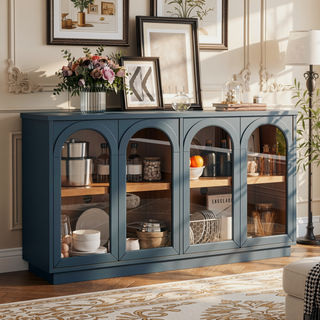 Sunvega Arched Glass Door Storage Buffet Cabinet with Adjustable Shelves for Kitchen Dining Room