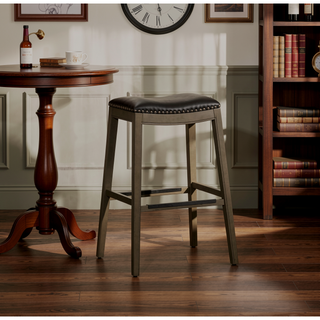 Sunvega Natural Finish Saddle Leather Seat Counter Stool with Footrest and Nail Head Trim