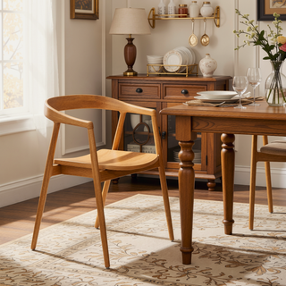 Sunvega Scandinavian Sculpted Oak Wood Dining Chair with Comfortable Arms in Warm Natural Brown