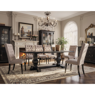 Sunvega Tan Linen Vintage Black Finish Button Tufted Side Chairs Set of 2