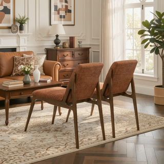 Sunvega Orange Fabric Upholstered Dining Chairs with Walnut Base Set of 2