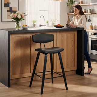 Sunvega 28.5 Inch Bar Height Stool with Gray Faux Leather and Black Wood Mid-Century Modern