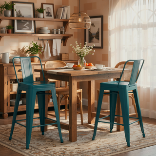 Sunvega Teal Blue Metal Counter Height Stool Set of 4 with Curved Back and Foot Rest