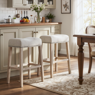 Sunvega Genuine Wood Weathered Grain Upholstered Saddle Seat Bar Stools Set of 2