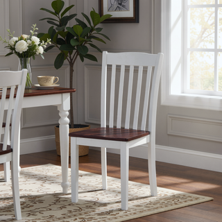 Sunvega Modern White and Walnut Finish Wooden Dining Chairs with Slatted Back