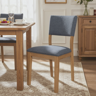 Sunvega Modern Farmhouse Dining Side Chair with Blue Linen-Like Upholstery and Light Brown Frame