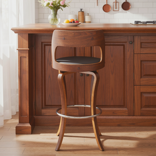 Sunvega 29 Inch Swivel Gray Faux Leather and Walnut Wood Bar Stool with Padded Cushion