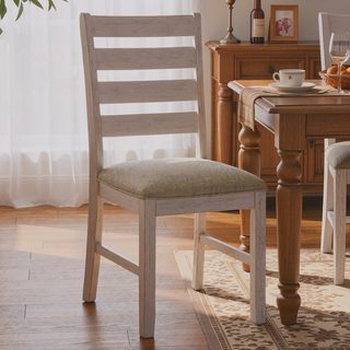 Sunvega Grayish White Finish Wood Frame Brown Fabric Upholstered Side Chairs