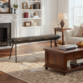 Sunvega Tufted Cushion Side Bench with Padded Goat Leather Upholstery and Tapered Metal Legs