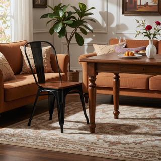 Sunvega High Gloss Black with Walnut Wooden Seat Industrial Metal Dining Chairs Set of 4