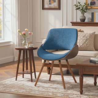 Sunvega Blue Linen Look Bentwood Dining Chair with Curved Padded Seat and Back