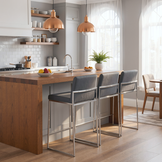 Sunvega Contemporary High Back Counter Stool Set of 3 with Faux Leather Upholstery