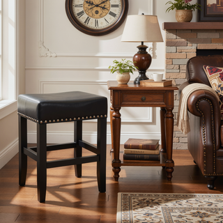 Sunvega Brown Bonded Leather Saddle Seat Backless Counter Stools Set of 2