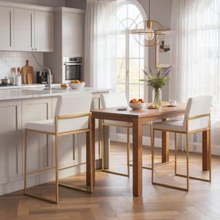 Sunvega Fuji Contemporary High Back Counter Stool Set of 3 in Gold Steel and White Velvet