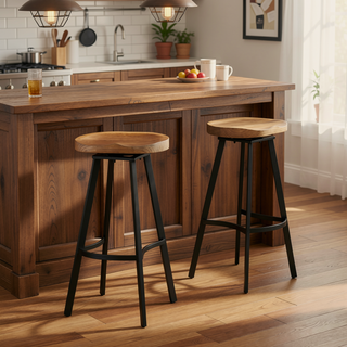 Sunvega Antique Styled Swivel Barstools with Pinewood Seat and Iron Frame