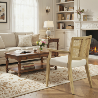 Sunvega Mid-Century Modern Cane Back Arm Dining Chairs with Upholstered Seat Set of 2