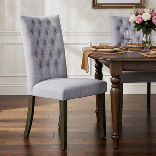 Sunvega Grey Linen Upholstered Button Tufted Side Chairs with Wooden Tapered Legs