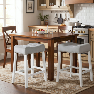 Sunvega Set of 2 Velvet Stools with Tufted Saddle Seats in White-Wash Finish