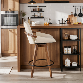 Sunvega Mid-Century Modern Counter Stool with Walnut Finish and Faux Leather