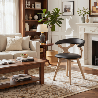 Sunvega Mid-Century Modern Dining Chair in White Washed Wood and Brown Faux Leather