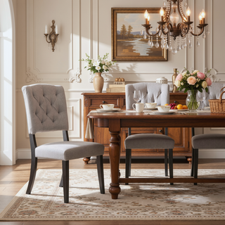Sunvega Beige Linen Upholstered Transitional Side Chairs with Tufted Back and Tapered Legs