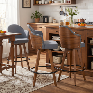 Sunvega Mid-Century Modern Counter Stool with Walnut Wood Back and Faux Leather