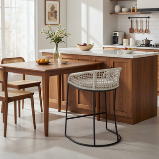 Sunvega Woven Rope Back Upholstered Cushioned Counter Stool with Iron Base