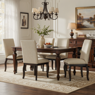 Sunvega Set of 4 Natural Wood Wash Upholstered Fabric Dining Chairs with Nailhead Trim