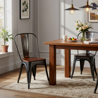 Sunvega High Gloss White with Walnut Wooden Seat Industrial Metal Dining Chairs Set of 2