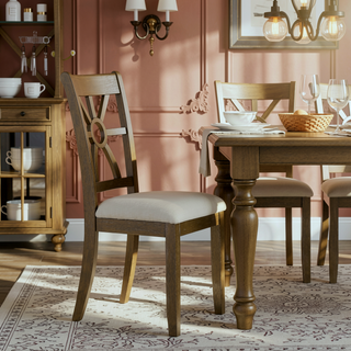 Sunvega Farmhouse Lattice Back Side Chairs in Beige and Rustic Oak Set of 2