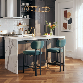 Sunvega Modern Upholstered Fabric Bar Stools Set of 2 with Black Metal Legs for Kitchen Island